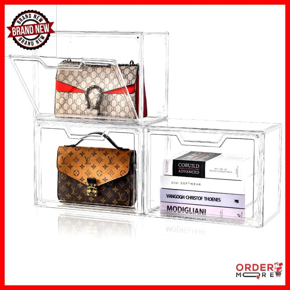 Clear Acrylic Purse Display Case with Magnetic Door, 3-Pack Storage Box
